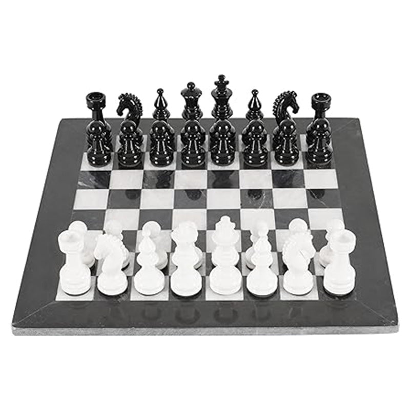 15 Inch Black and White Premium Quality Marble Chess Set with Metallic Figures and Extra Queen