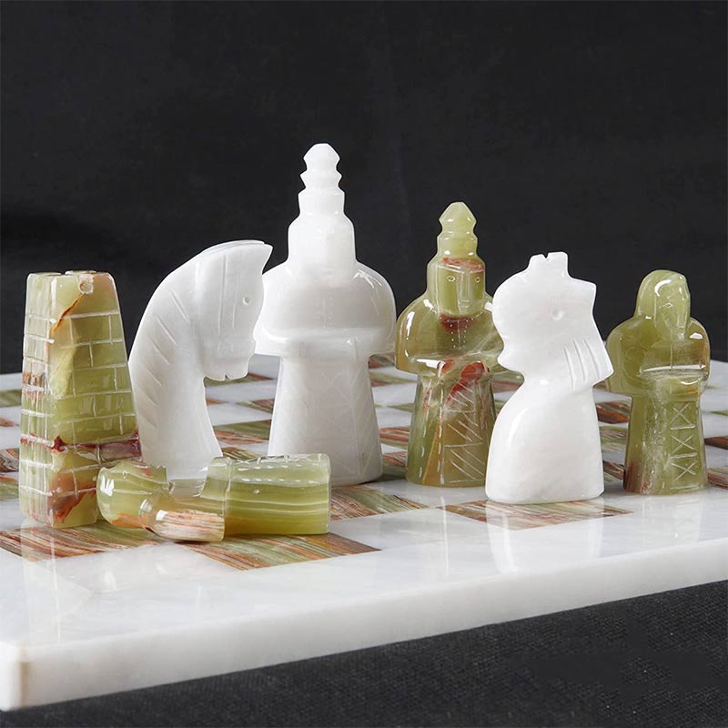 15" White And Green Antique Premium Quality Marble Chess Set