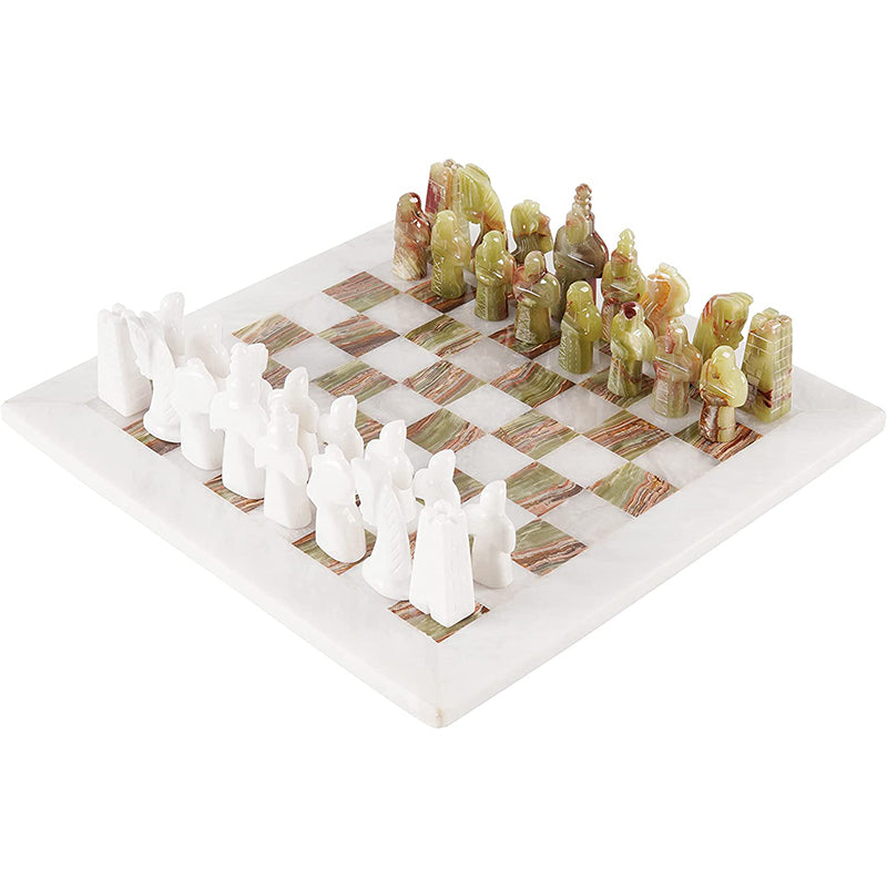 15" White And Green Antique Premium Quality Marble Chess Set