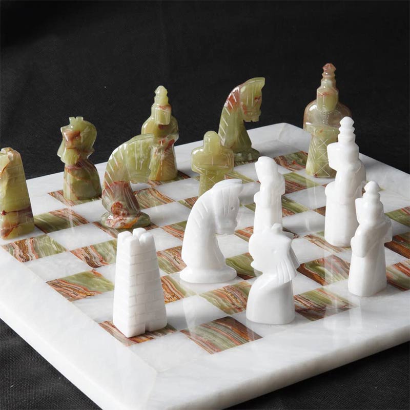 15" White And Green Antique Premium Quality Marble Chess Set