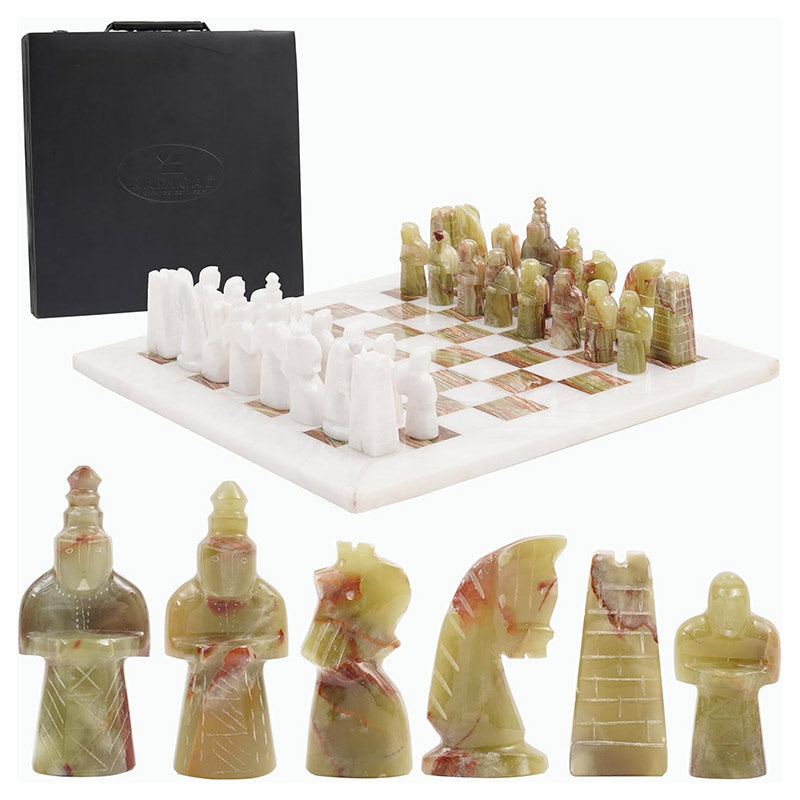 15" White And Green Antique Premium Quality Marble Chess Set