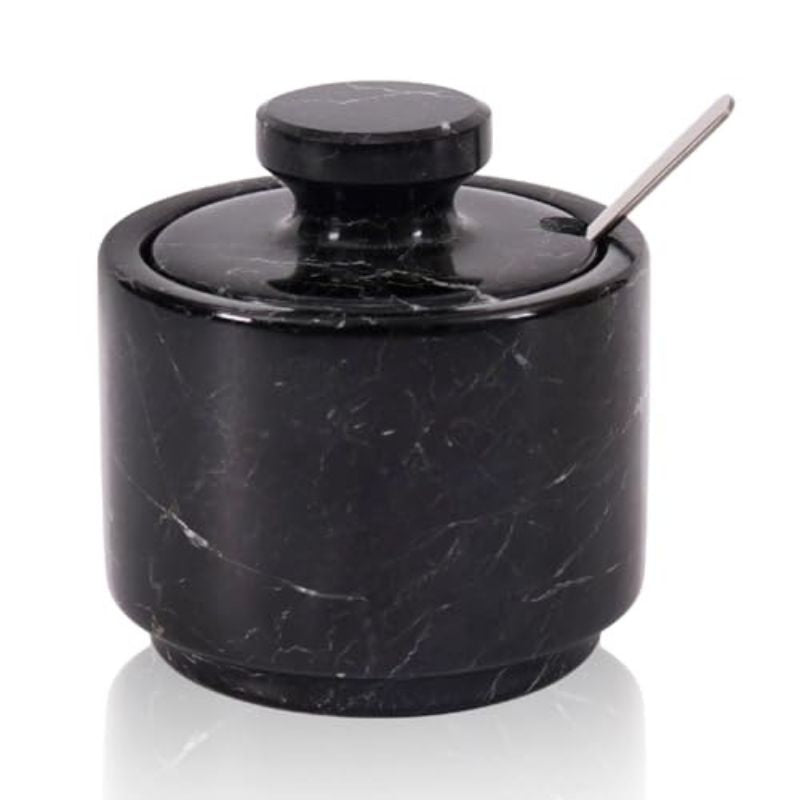 Marble Salt Cellar with Lid and Spoon 3'' Black Zebra Salt Holder for Kitchen Table Décor - Seasoning Storage Container