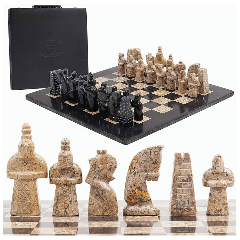 Black and Coral Antique 15 Inches Premium Quality Marble Chess Set