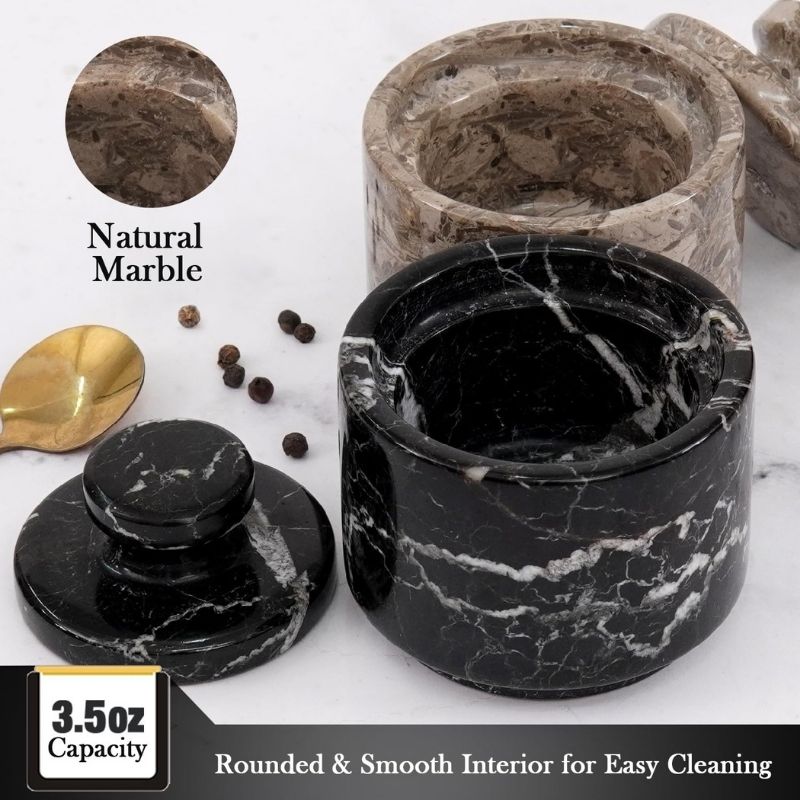 Marble Salt Cellar 3" Inch Black & Oceanic Seasoning Containers For Home & Kitchen Decor - Brown Sugar Keeper