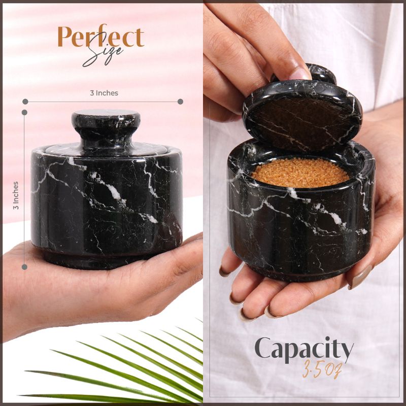 Marble Salt Cellar with Lid 3'' Inch  Black Zebra spices, Sugar & Coffee Containers- Candy & Seasoning Jars For Kitchen Table