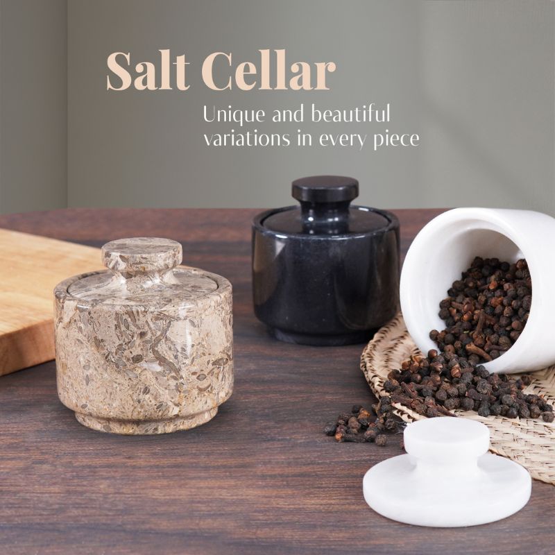 Marble Salt Cellar with Lid 3'' Oceanic Garlic Salt & Pepper Container Home Storage - Salt Jar For Kitchen Table & Accessories