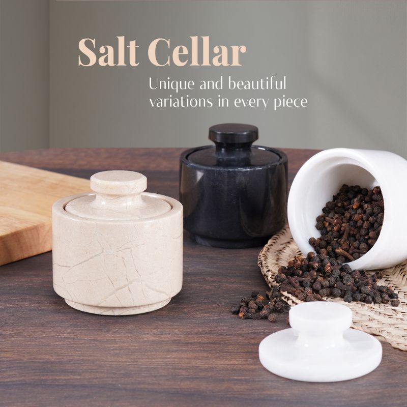 Marble Salt Cellar with Lid 3'' Verona Brown Sugar Keeper & Garlic Salt Container Home Décor, Coffee Candy Jar