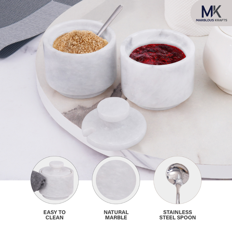 Marble Salt Cellar with Lid and Spoon 3'' White Pepper, salt & sugar container for Home & kitchen storage