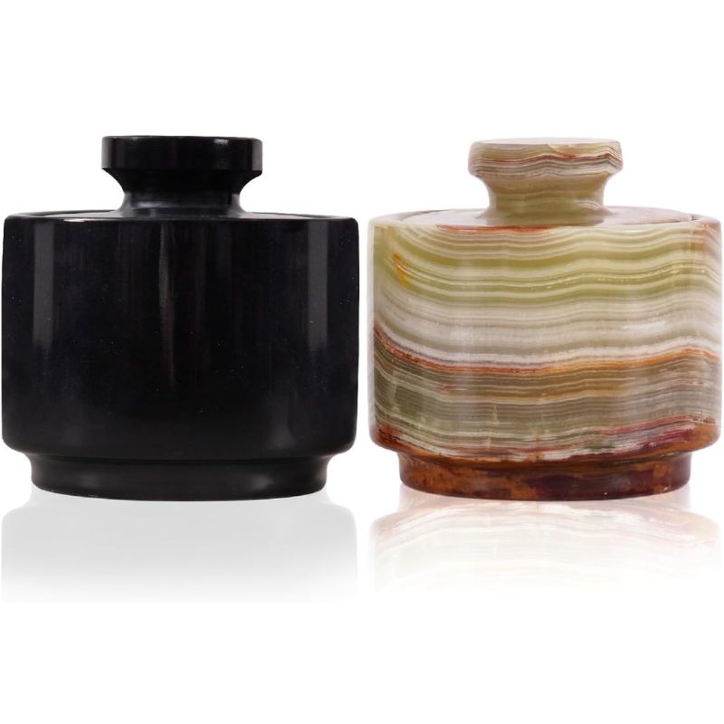 Salt Cellar 3" Inch Black and Green Onyx Sea, Celtic & Garlic Salt for Home & Kitchen Storage - Bowl Set