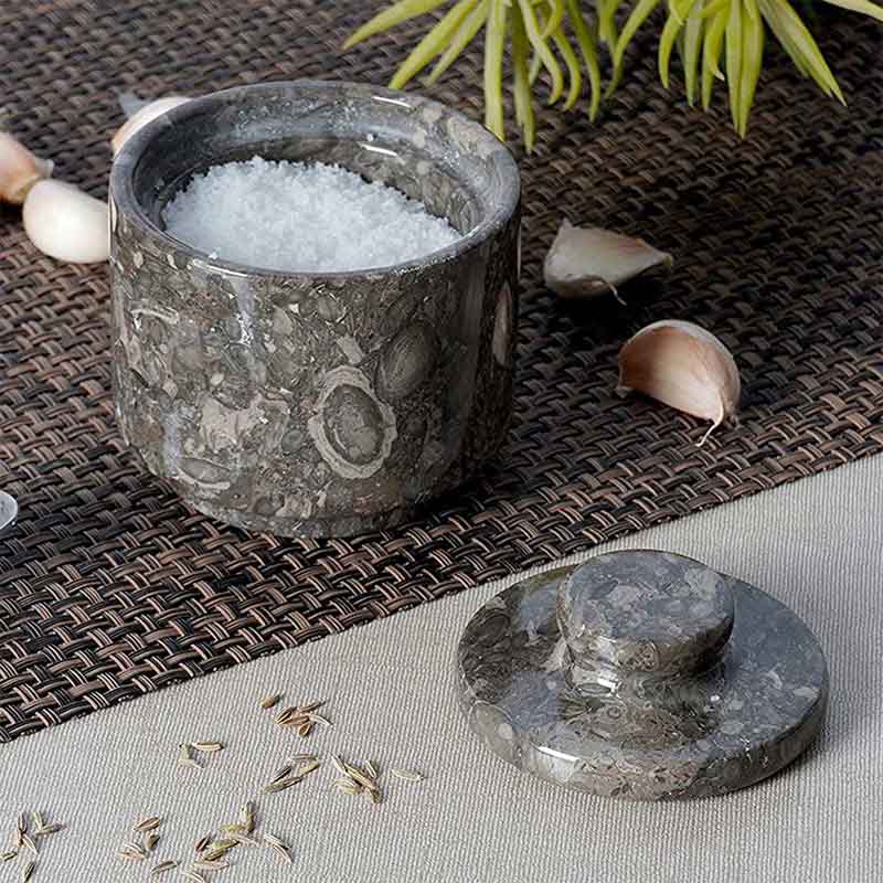 Marble Salt Cellar with Lid 3'' Oceanic Garlic Salt & Pepper Container Home Storage - Salt Jar For Kitchen Table & Accessories